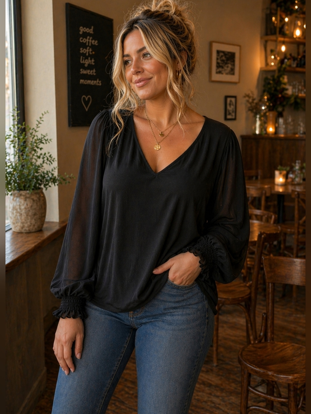 Calvin Klein Black Blouse | Size 3X | Sheer Sleeve V-Neck